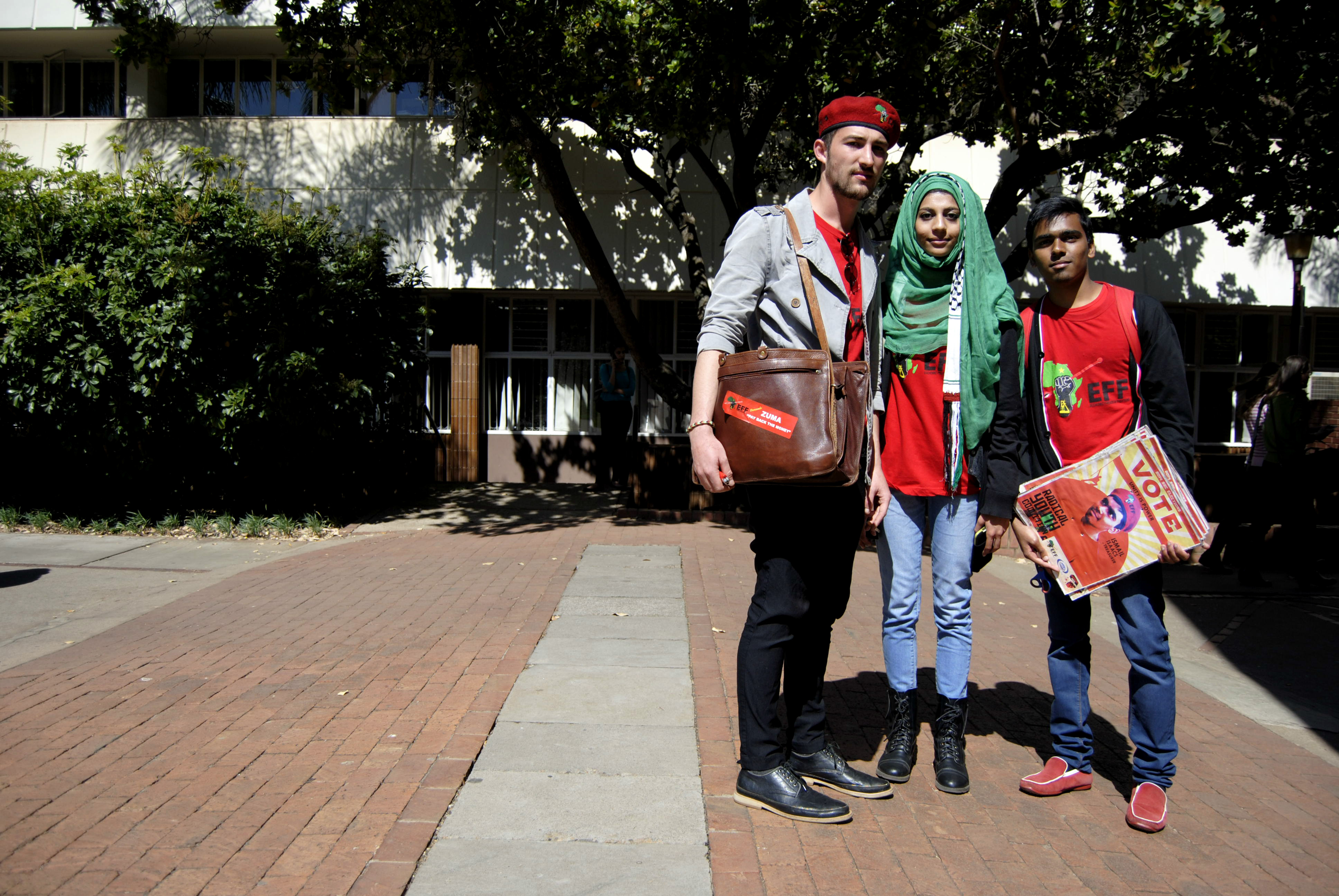 RADICAL. Jaco Oelofse, Ismael Isaacs and Iram Yusuf from EFF Tuks. They believe that radical changes need to be made to the university and its policies. “We feel the university is standing on top of its head, the world is standing on top of its head. The good actions have become bad actions, and bad actions have become good actions. People praise the bad and condemn the good. We are here to restore the order.” Photo: Andrea Küsel.